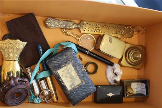 Sundry items including a 19th century Eastern engraved and pierced brass incense or perfume ball and a Chinese brass box